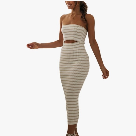 Chic Knit Strapless maxi dress with keyhole | striped white + tan | Small | NWT - Picture 4 of 8